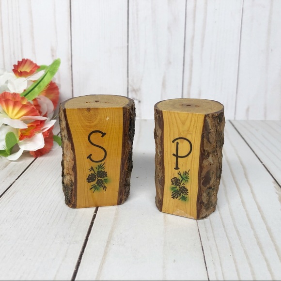 Vintage Wooden Tree Bark Salt Pepper Shakers Set